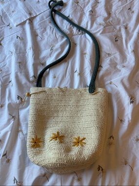 Handcrafted Cream Crochet Shoulder Bag with Green Strap